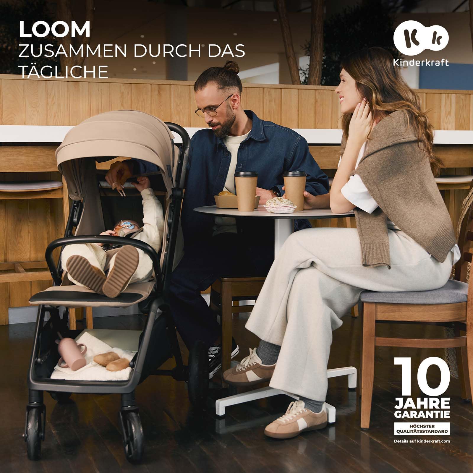 Kinderkraft LOOM Kompakter und leichter Buggy, automatisches Zusammenklappen, große pannensichere Räder, verstellbare Rückenlehne, ab Geburt bis 22 kg, Beige