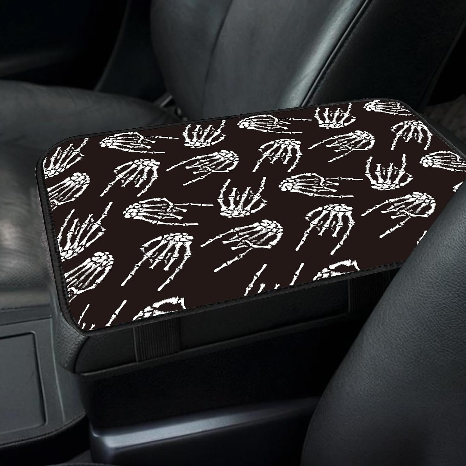 Car Center Console Cover, Universal Soft Large Neoprene Auto Armrest Seat Box Cover, Funny Car Decor Accessories Fit for Most Cars, Vehicles, SUVs Cool Black Skull Hands image 2