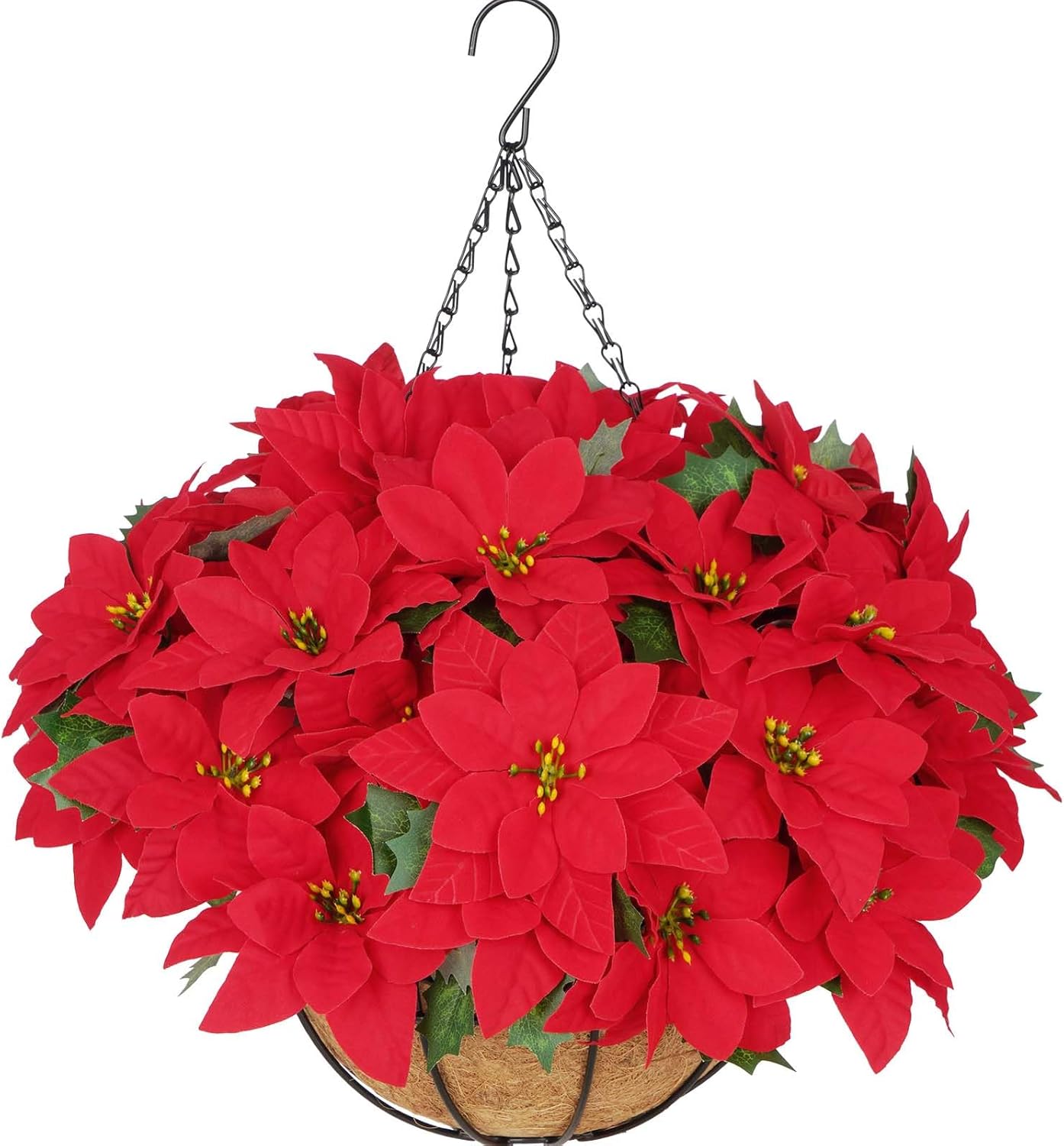 BLEUM CADE Artificial Christmas Flowers Hanging Poinsettias with Basket for Outdoors, Artificial Hanging Red Poinsettias for Xmas Decoration, UV Resistant Faux Flowers Christmas Decorations Red 1 pack