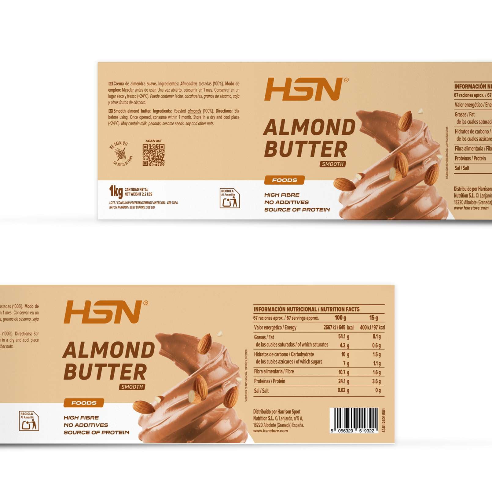 HSN Crema de Almendra 100% Natural | 1 Kg de Mantequilla de Almendras Tostadas - Textura Suave y Cremosa | Sin Aceite de Palma, Sal ni Azúcares Añadidos | Vegano, No-GMO