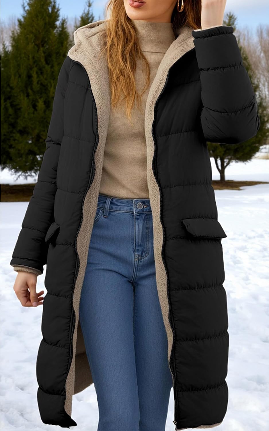 ECOWISH Women Winter Puffer Jacket - Reversible Fur Fleece Lined Hood Zip Sherpa Coat Parka Padded Long Outerwear