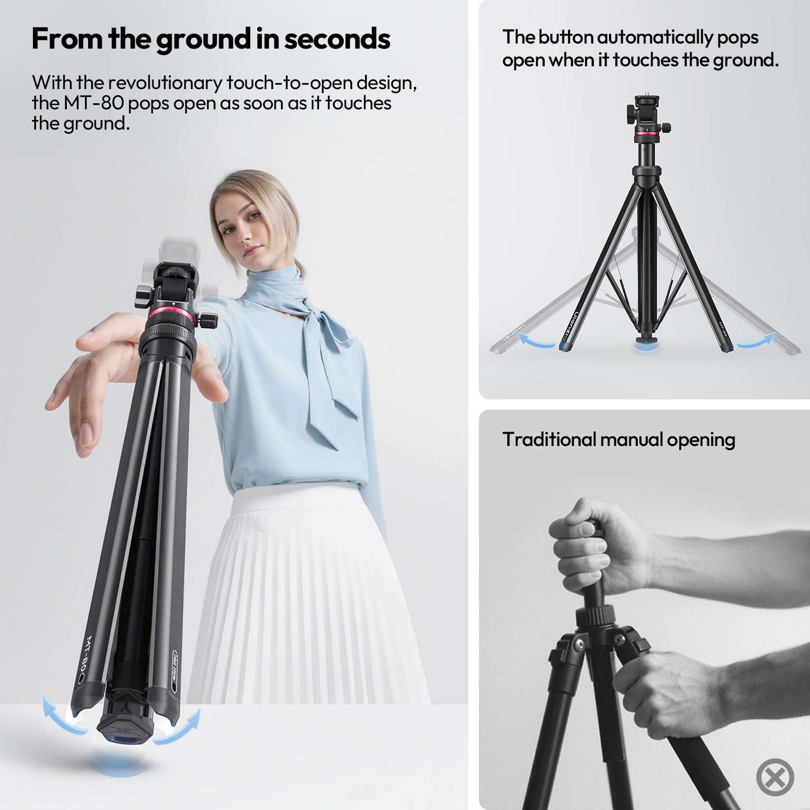 ULANZI MT-80 Ausziehbares Stativ Aluminium, 213cm Lichtstativ tragbares verstellbares mit 1/4" Schraube, 360° Kugelkopf mit Verstärkte Bodennagellöcher, Handy stativ für Kamera, Videolicht, Smartphone