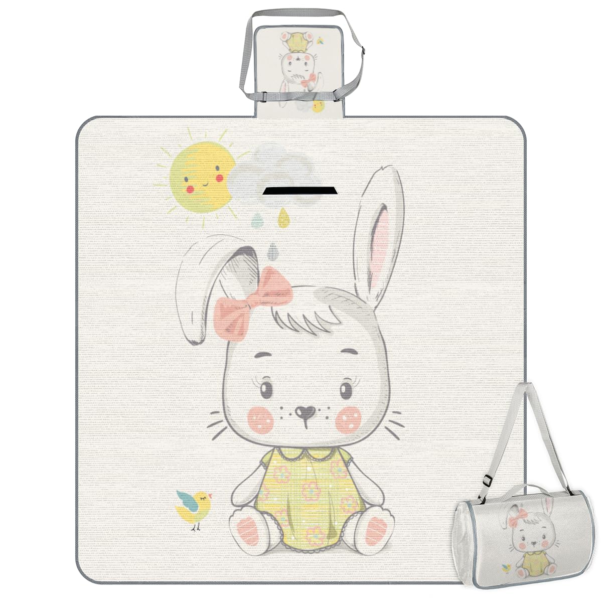 Shimoshe Picnic Blankets 57”x 59”, Bird Sun Bunny Waterproof Sandproof Picnic Mat Lightweight Foldable Beach Blanket for Camping Park Grass Beach Outdoor Blanket