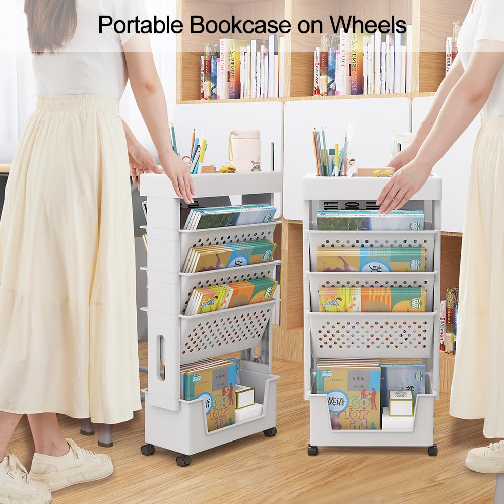 NUODWELL Librería móvil con rueda, gran capacidad, estante para revistas, carrito extraíble, organizador para niños, multiusos, para casa y escuela (blanco)