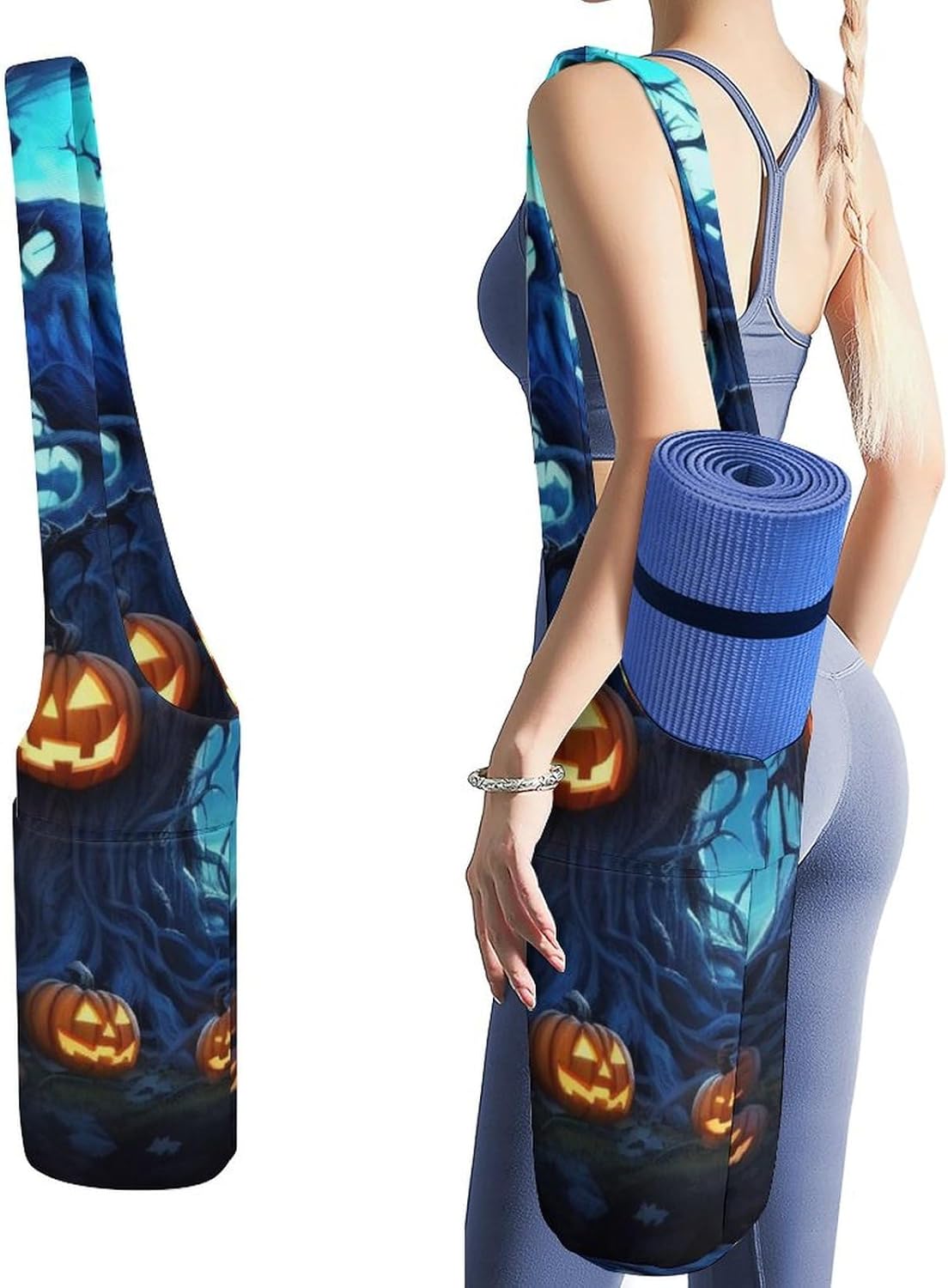 Durable Yoga Mat Carrier Bag with Strap Halloween Pumpkin Tree Blue Printed Large Capacity Yoga Mat Storage Bag Portable Gym Bag for Most Yoga Mats Men Women Pilates