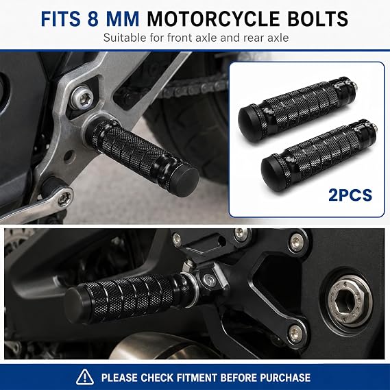 8mm Foot Pegs, Aluminum Motorcycle Rearsets Footrest with Mounting Bolt, Nonslip Passenger Rest Footpegs Compatible with Scooter Dirt Bike Go Kart, Motorcycle Accessories (Black)