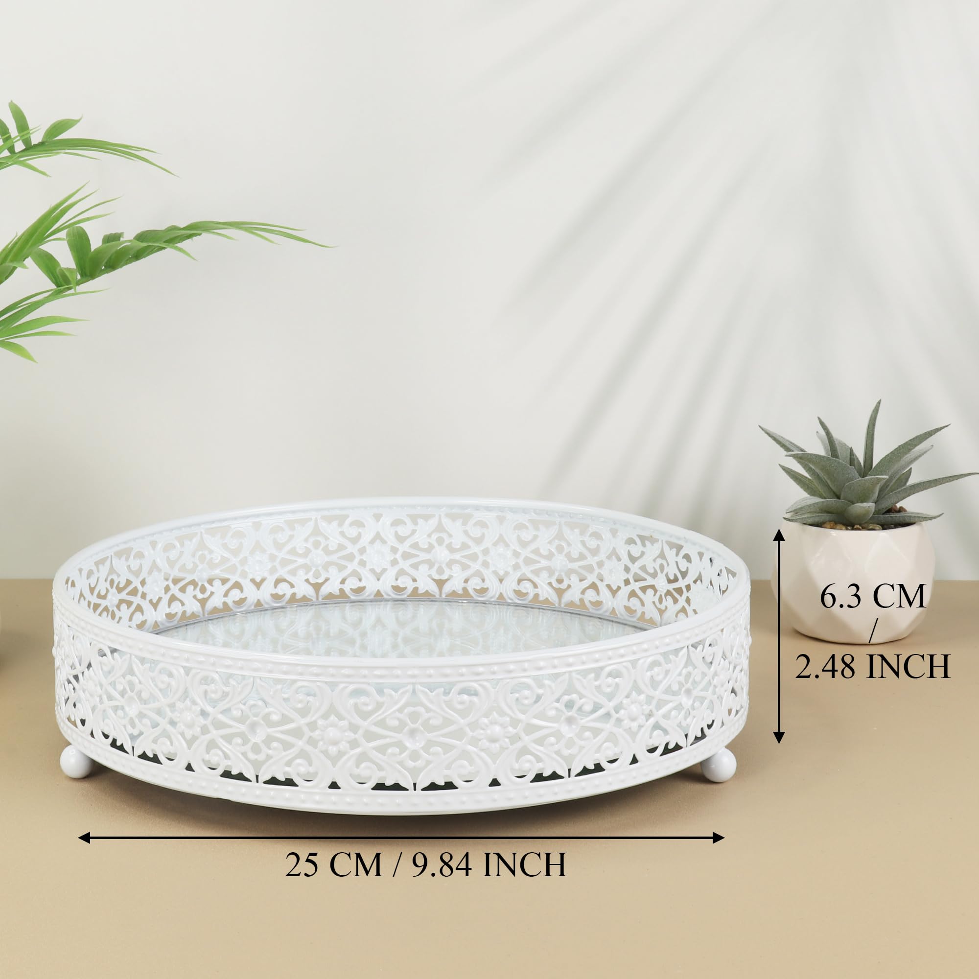 Vassoio circolare da scrivania con specchio da trucco per servire profumi, cosmetici, candele, gioielli, piano di lavoro del bagno (Y533 bianco, grande 25 cm L x 25 cm W x 6,30 cm H)