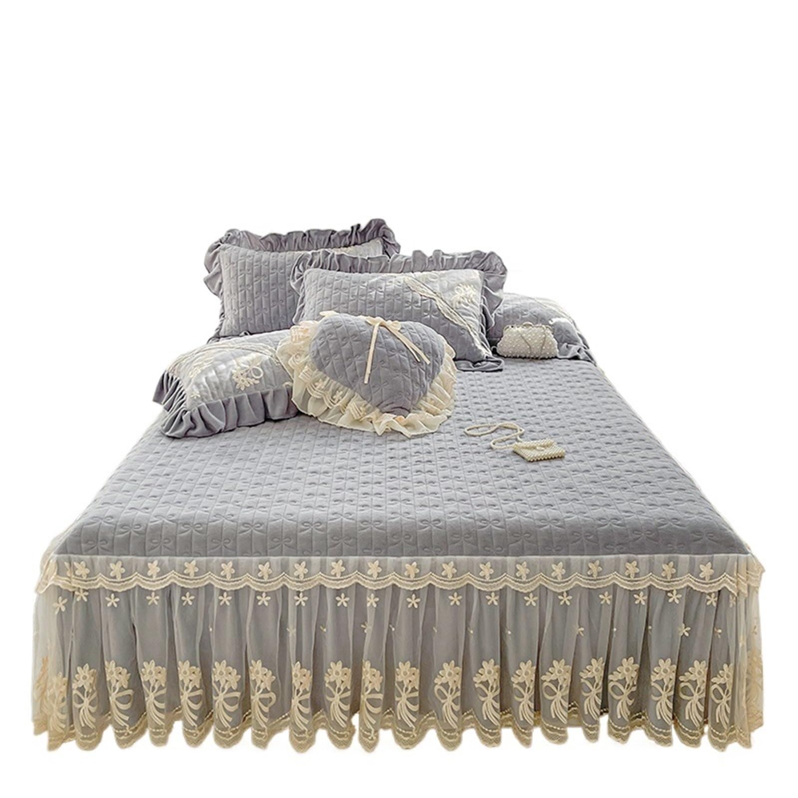 3/6Pcs Thickened Crystal Velvet Bed Skirt, Flowers Lace Embroidery Sheet, Bedspread, Quilted Cover, Pillowcases(Grey,180X200cm 6pcs)