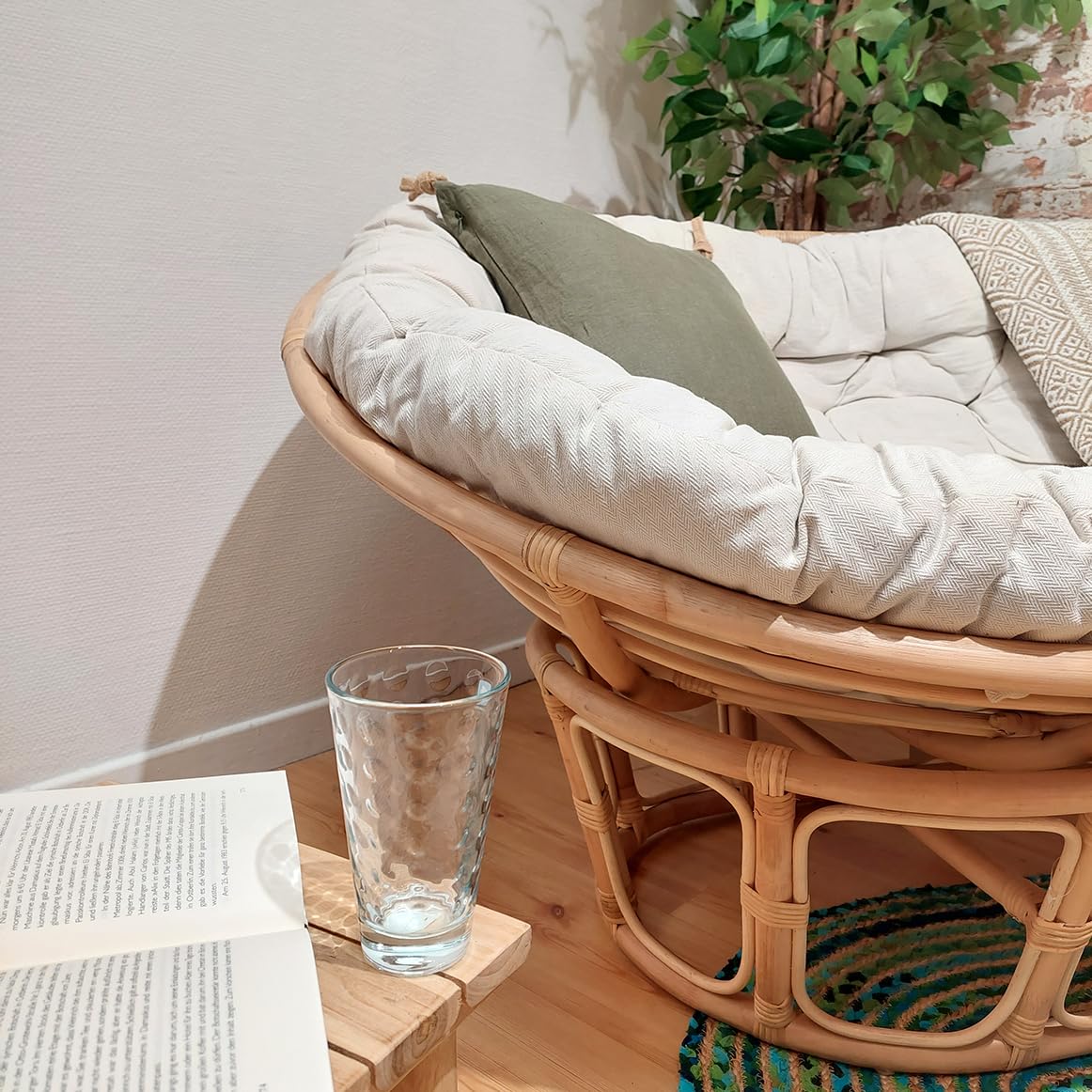 Meubletmoi Papasan / Loveuse Sessel, oval, 2-Sitzer, Natur-Rattan, mit dickem Kissen, gepolstert, cremefarben, Boho-Stil, lässig, Hazel
