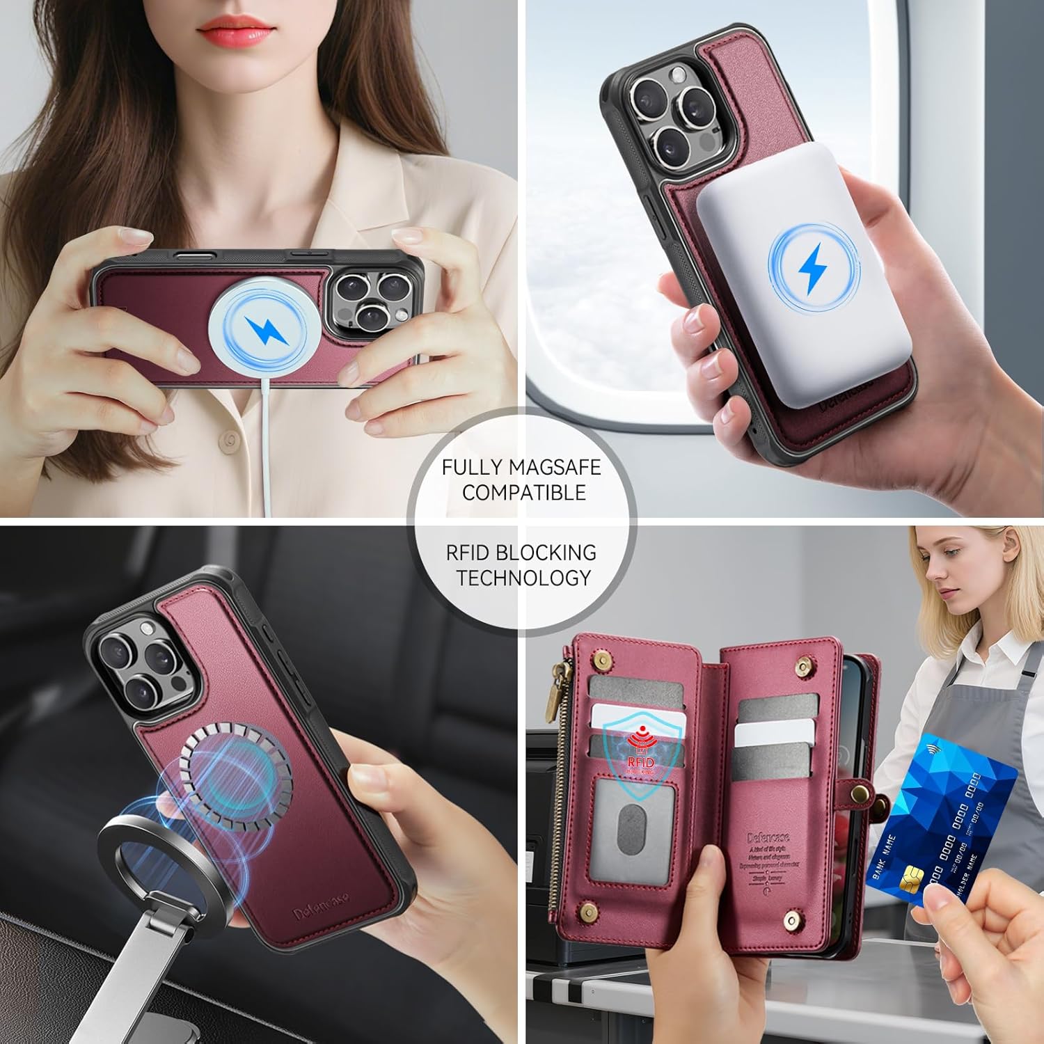 Defencase for iPhone 16 Pro Max Magnetic Wallet Case Compatible with Magsafe with RFID Blocking Zipper Strap Card Holder for Women PU Leather Detachable Case for iPhone 16 Pro Max (6.9"), Wine Red