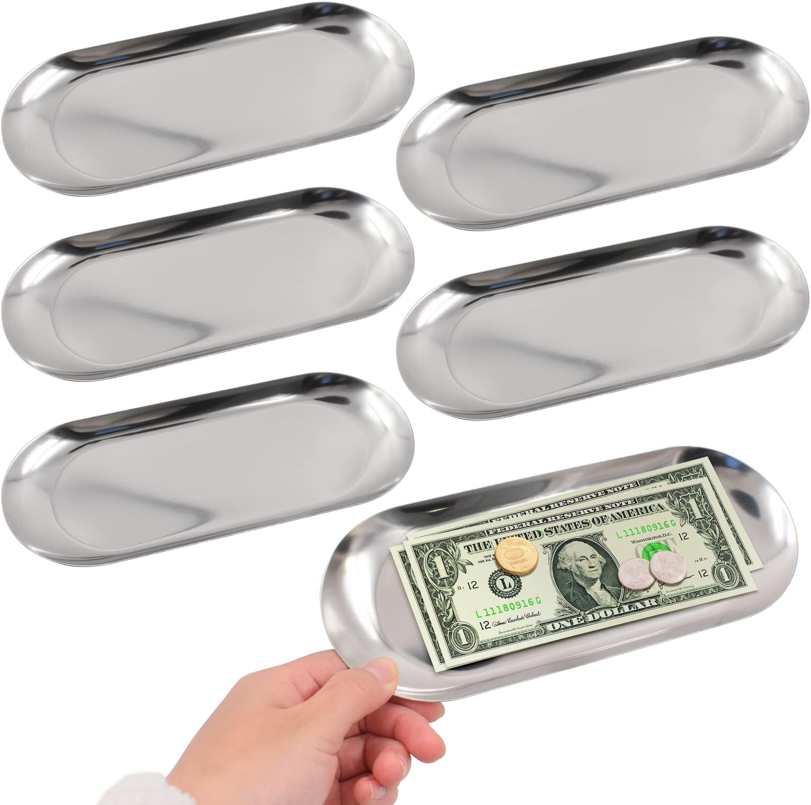 6 PCS Tip Trays Metal Restaurant Service Plate Oval Organizer Dish Guest Bill Holder Supplies Check Presenters Accessories Decoration Container for Coffee Bar Kitchen Home (Silver)