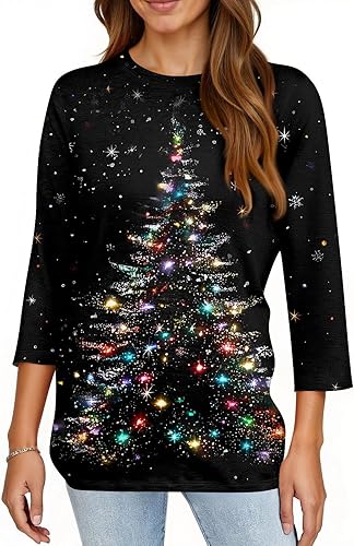 Miniatura 7 de Camisas de manga 34 para mujer, estilo bohemio, estampado, cuello redondo, casuales, básicas, blusas holgadas