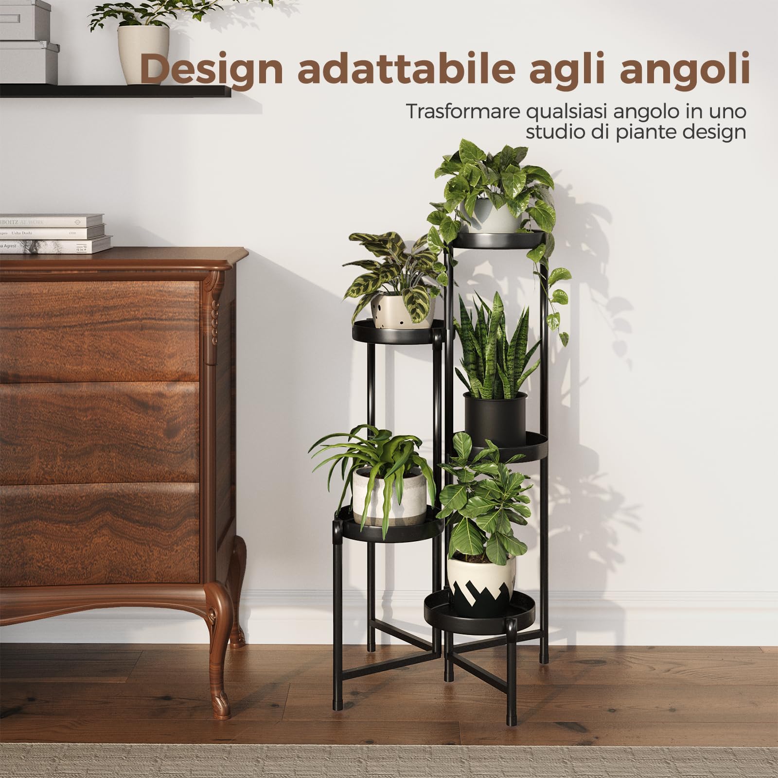 Bamworld Porta piante da interno in metallo a 5 livelli, supporto stabile per piante da interno ed esterno, design moderno per soggiorno, balcone e giardino