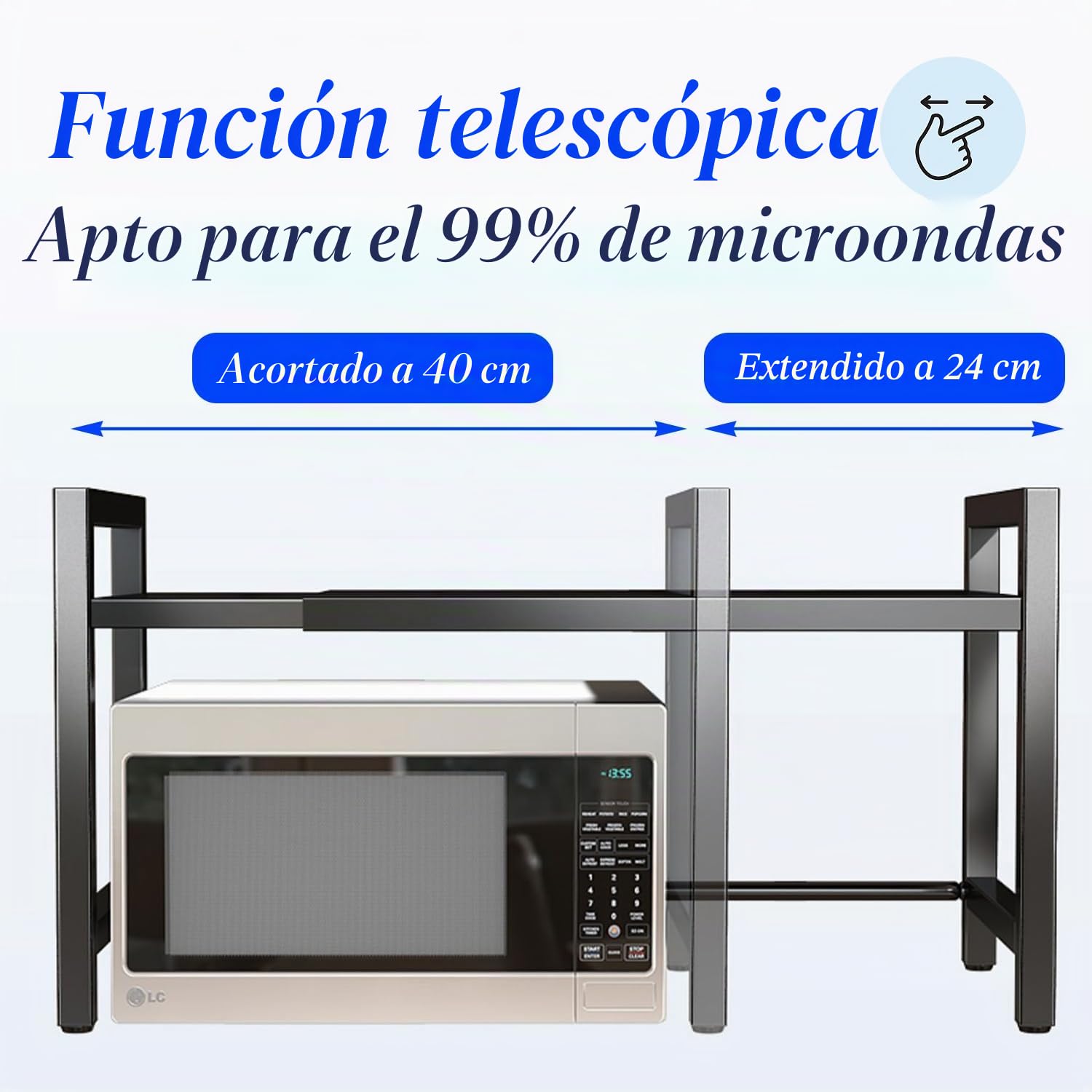 Estantería ajustable para microondas, 2 niveles, extensible de 40 a 60 cm, con 6 ganchos, para encimera, panadería, organizador de cocina (gris)