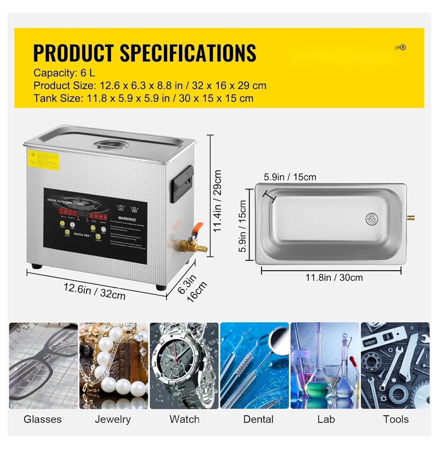 6L Ultrasonic Cleaner - 400W Heater, 180W Ultrasonic - Digital Lab Cleaner for Jewelry, Glasses, Instruments - Timer & Adjustable Temp