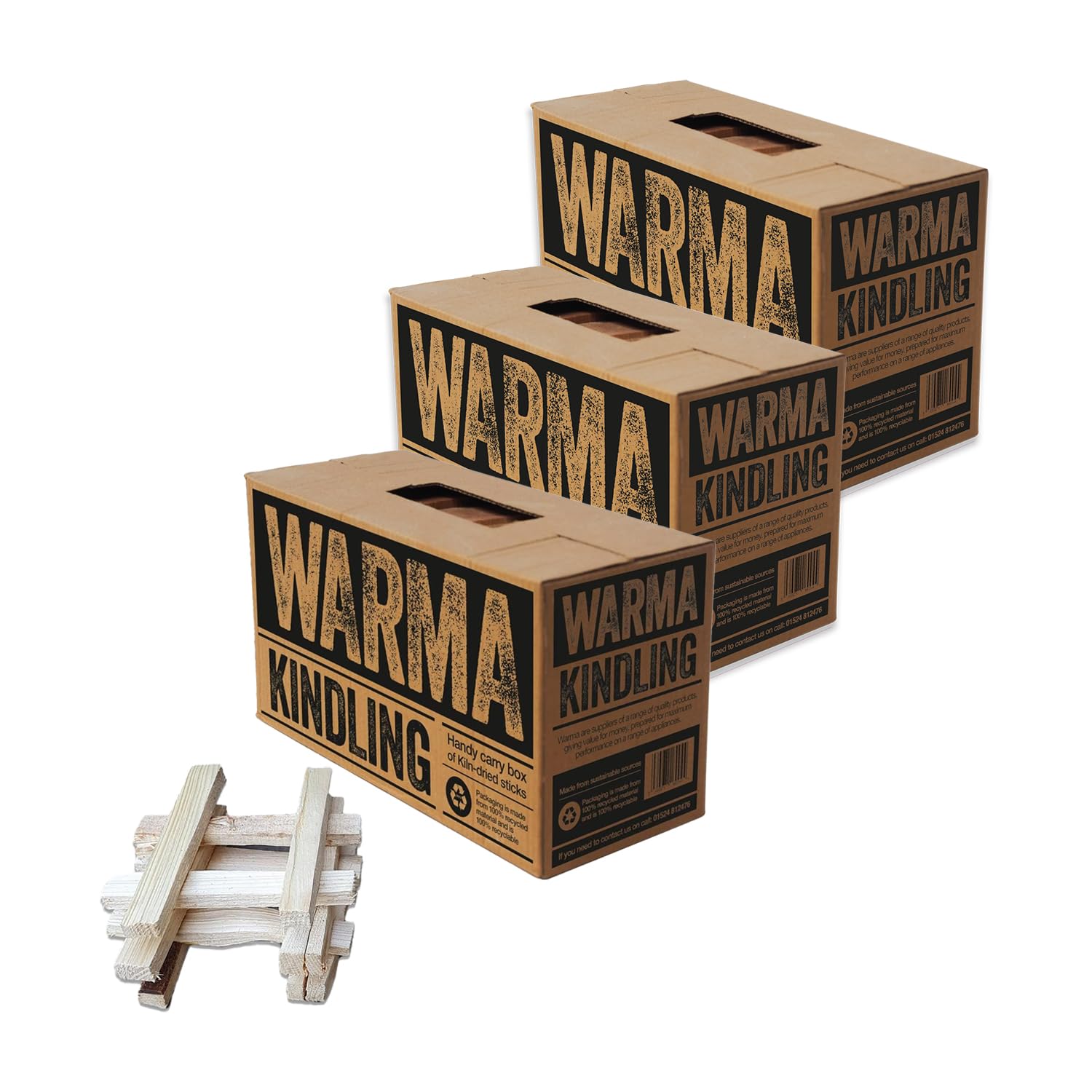 Warma Premium Kindling Sticks Kiln Dried Wood Box Recycled Packaging - Sustainably Sourced - For BBQs Barbeque Open Fire Pits Stove Pizza Ovens Wood Burners Fireplaces Chimeneas - 3 x Large Boxes