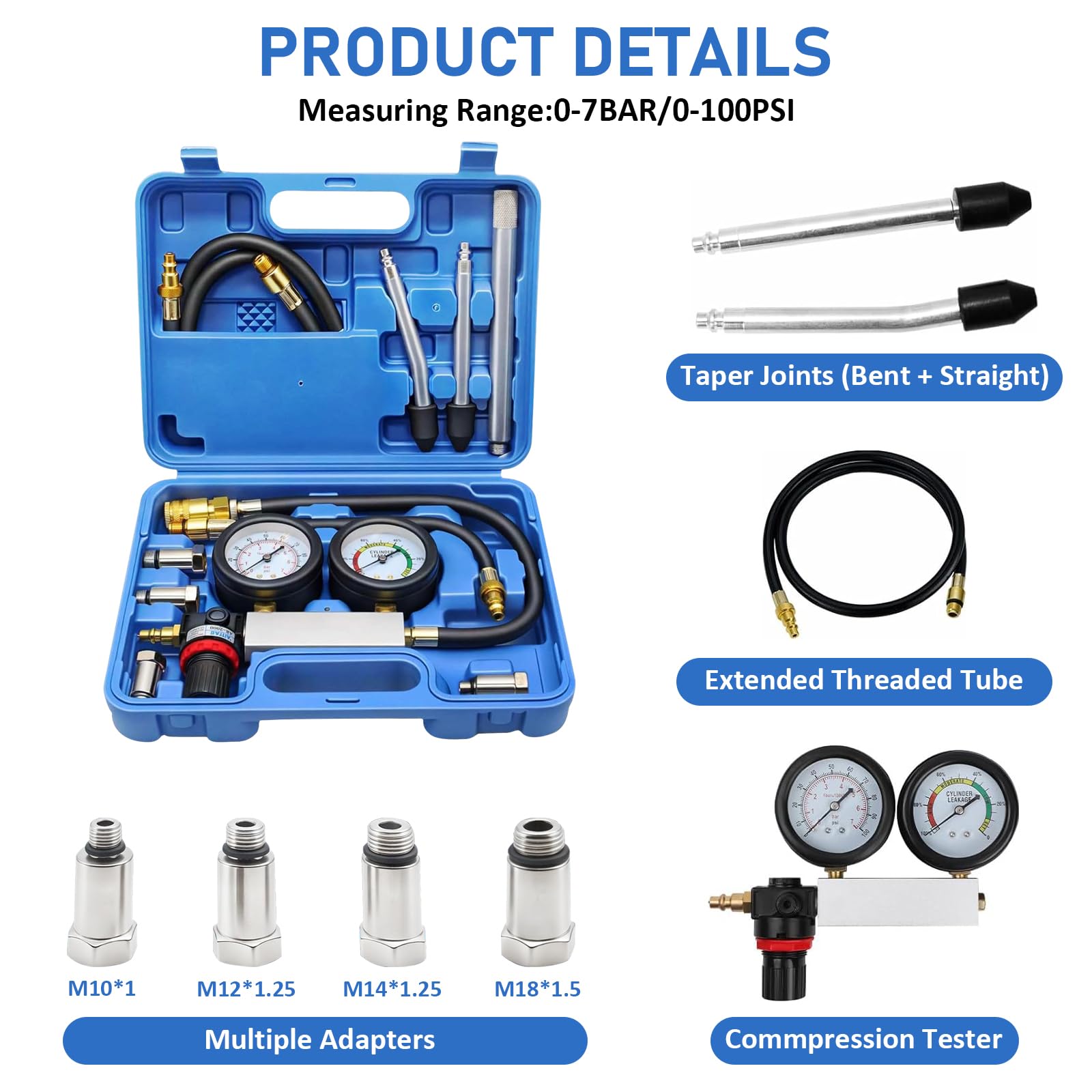 Kompressionstester Kompressionsmessgerät für Benzin Motor Zylinder Leck Tester Kit, Benzin Motor Leck Tester Kit mit Verlängerungsstange, Kompressionsmesser für Druckprüfung und Leckrate Test, 100PSI