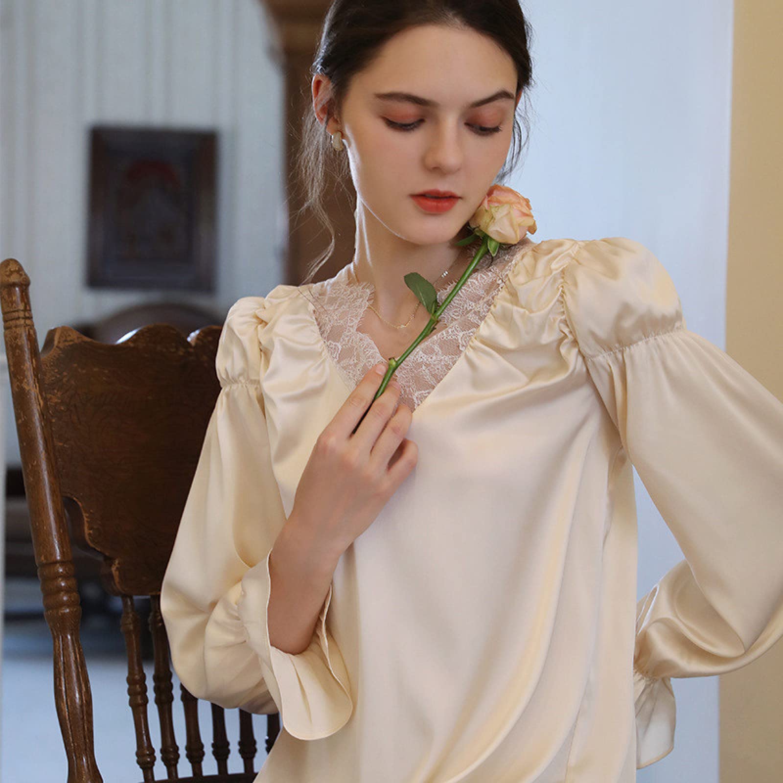 OFFSUM Camicia da Notte Donna - Elegante Camicia da Notte Casual in Pizzo Stile Francese con Scollo A V Primavera Estate Vintage in Raso Tinta Unita Abito da Notte