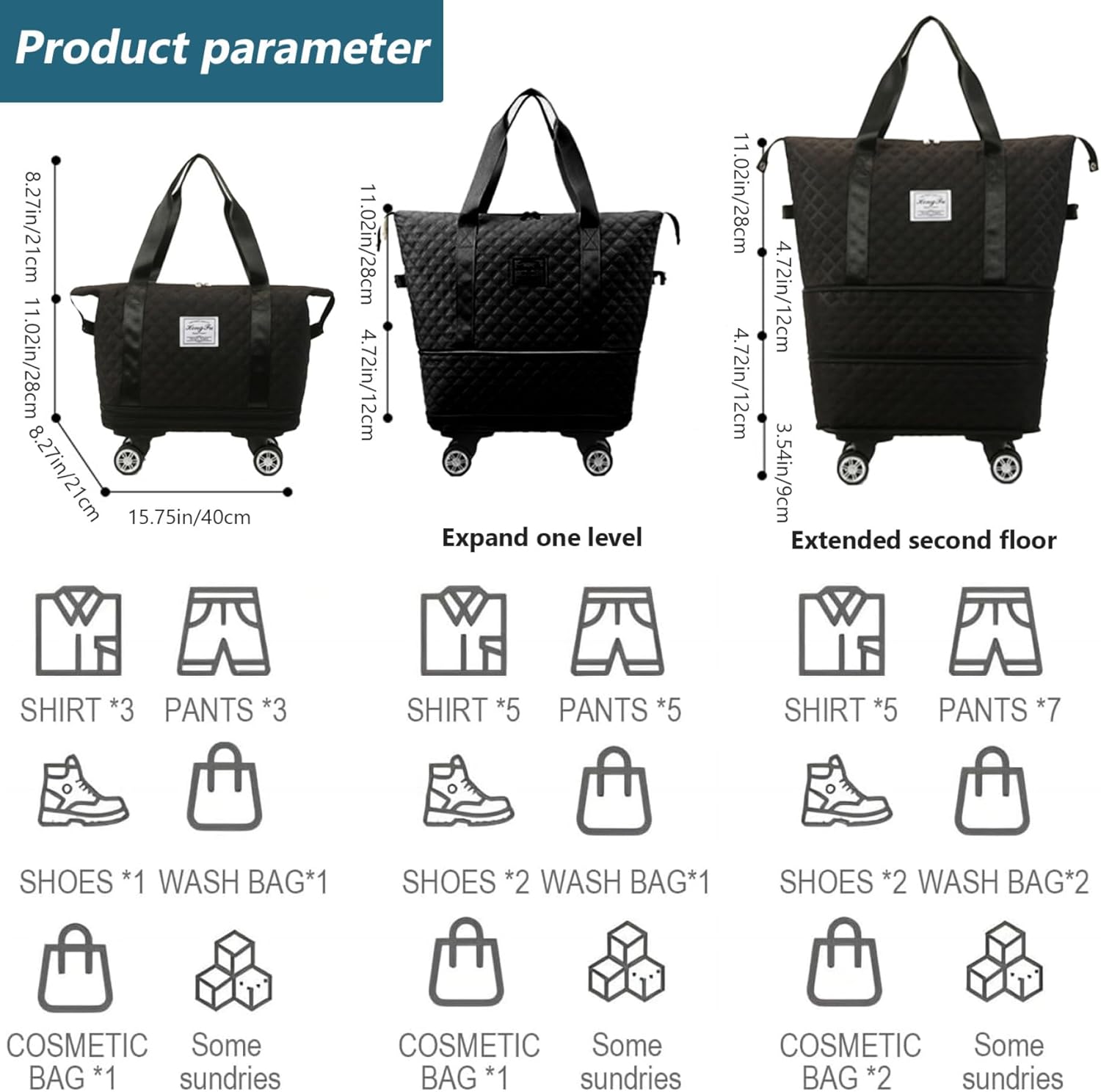 Rolling Duffle Bag with Wheels and Handle, Expandable Foldable Luggage Bag, Dry and Wet Separation Rolling Bag, Zipper Travel Carry on Bag for Gym,Camping,Travel Black, Foldable Luggage Bag