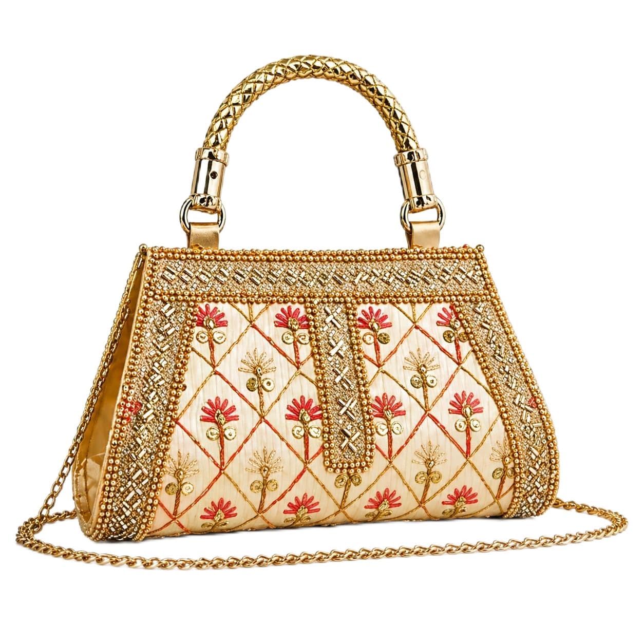 Women Ethnic Embroidered Clutch Bag, Beaded Zari Work, Gold, with Detachable Chain Sling, for Wedding, Party & Festive Use-picture-33
