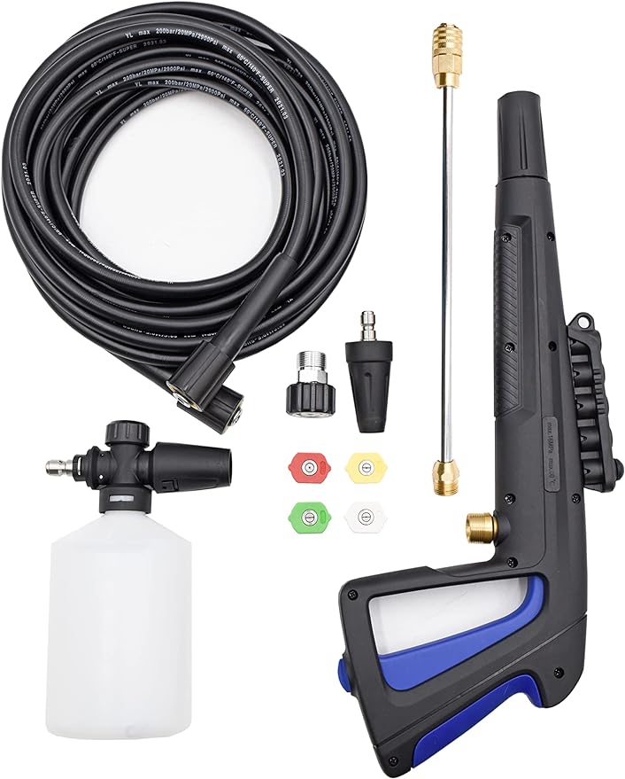 AR Blue Clean PW909300K Trigger Gun Kit. Electric Pressure Washer Trigger Gun Kit. Includes: Trigger Gun, M22 Lance, Foam Cannon, High Pressure Hose, Quick Connect Nozzles