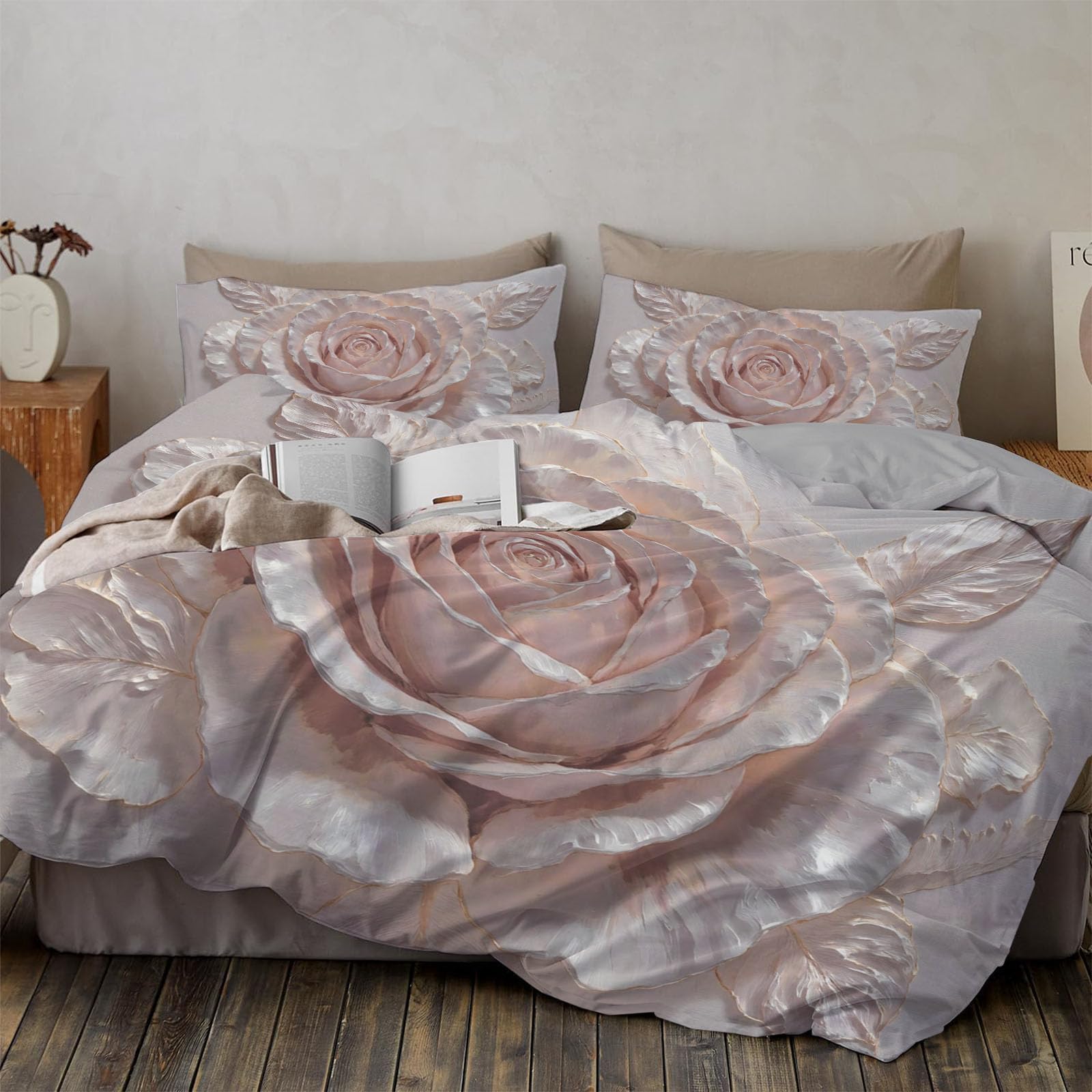 Copripiumino Matrimoniale Fiori Squisiti, Set di Biancheria da Letto Microfibra 3 Pezzi, Parure Copri Piumino 260x240CM e 2 Federa 50x75, Crema Copritrapunta con Cerniera