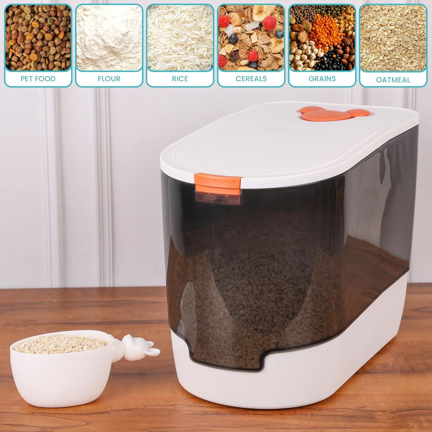 Belle Vous Trockenfutter Behälter mit Messbecher - Futter Aufbewahrungsbox aus Plastik mit Deckel - Tierfutterspender für Katzen, Vögel, Hunde - Fasst 5 kg Tierfutter oder 10 kg Reis, Getreideprodukte