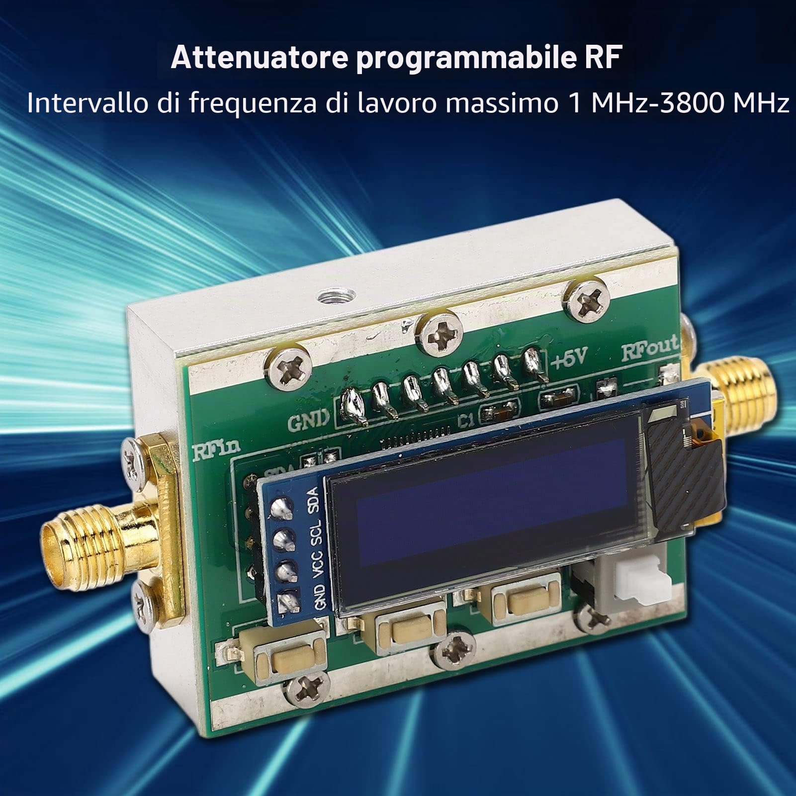 Attenuatore RF Programmabile 0-31 DB, Passo 1 DB, 1-3800 MHz, Controllabile da PC, Interfaccia RP SMA per Strumenti, Impedenza 50 Ω, Alimentazione MiniUSB 5 V