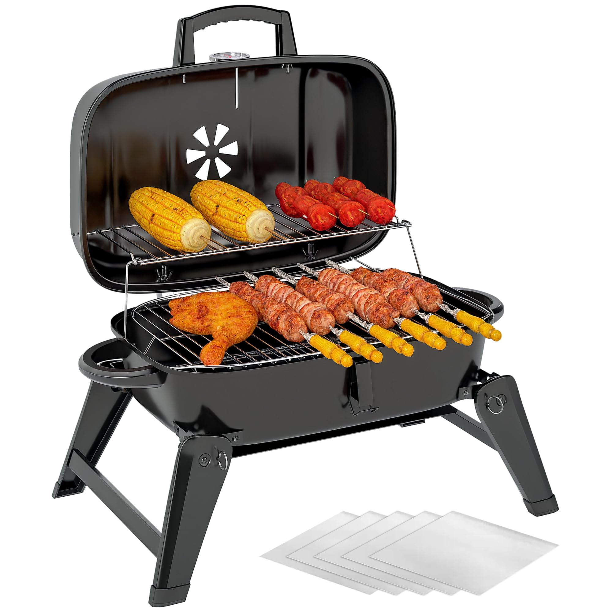 Outsunny Charcoal Barbecue Grill Folding Portable BBQ Grill for Camping with 1232 cm² Cooking Area, Adjustable Vent, Thermometer, Handles for Picnic, 59 x 37 x 36 cm, Black