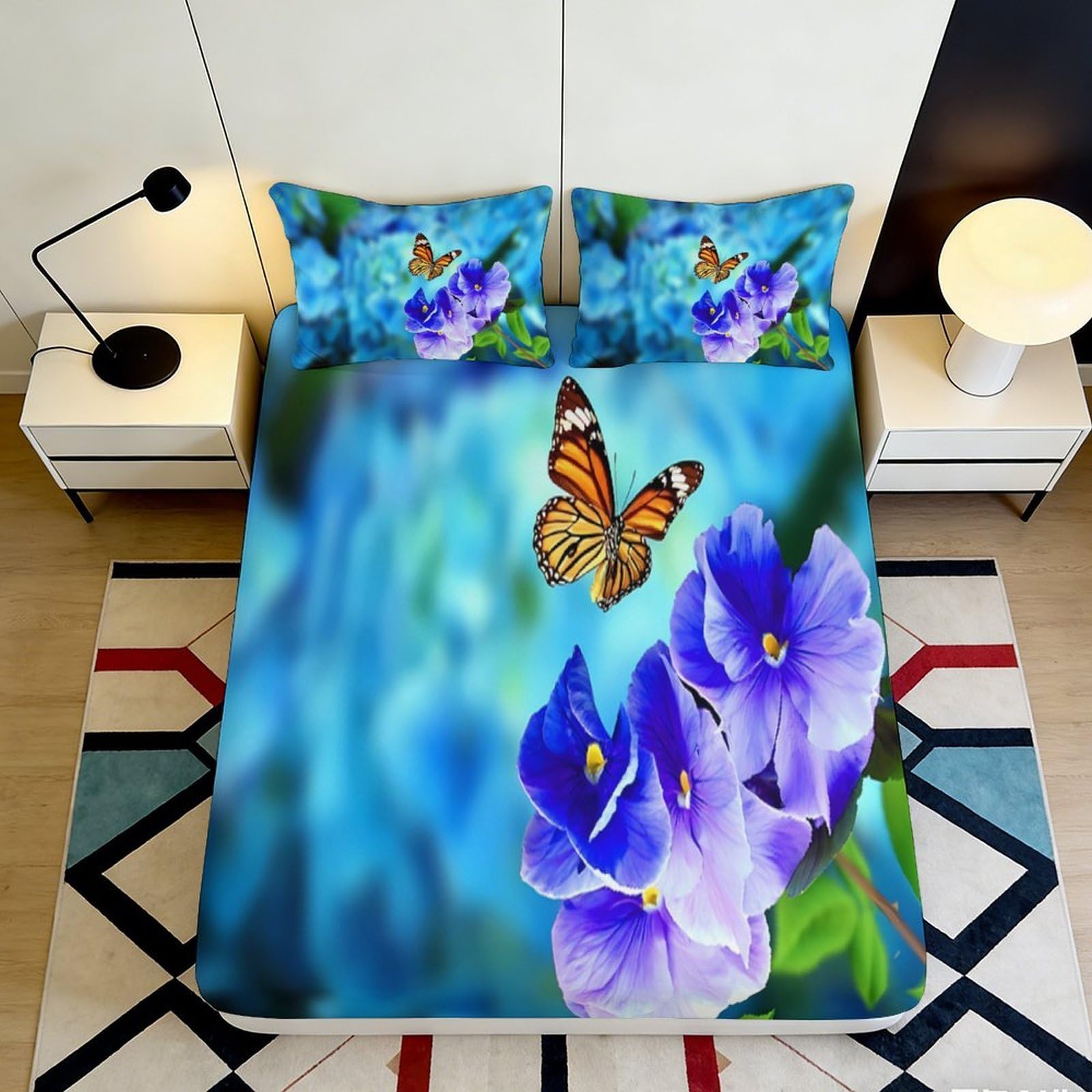 3D Printed Butterfly Floral Fitted Sheet Microfiber Blue Purple Mattress Cover for Bedroom Guest Room Machine Washable 90x200x25cm