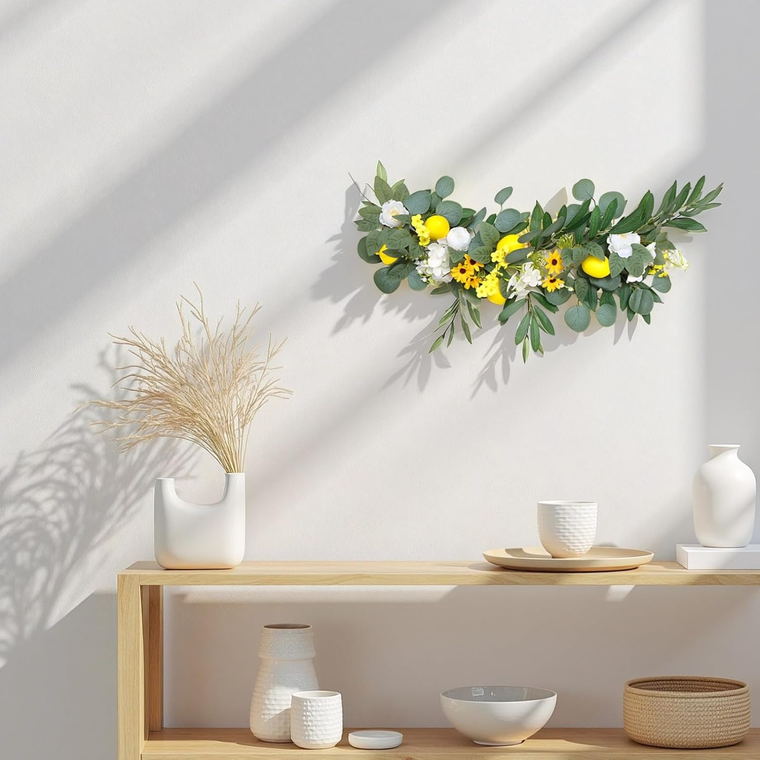 23.6 in (60 Cm) Simulation Lemon Garland, Spring Wreath for Front Door, Home Welcome Decorations, Lifelike Decor with Vibrant Greenery and Flowers