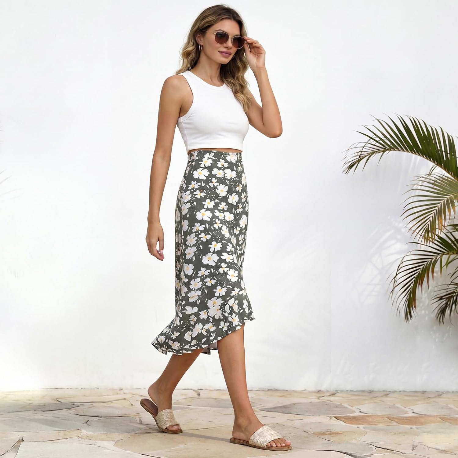 Athlefit Flat Sandals for Women Summer Raffia Square Toe Comfortable Slip On Dressy Casual Slide Sandals for Beach Travel - Image 3