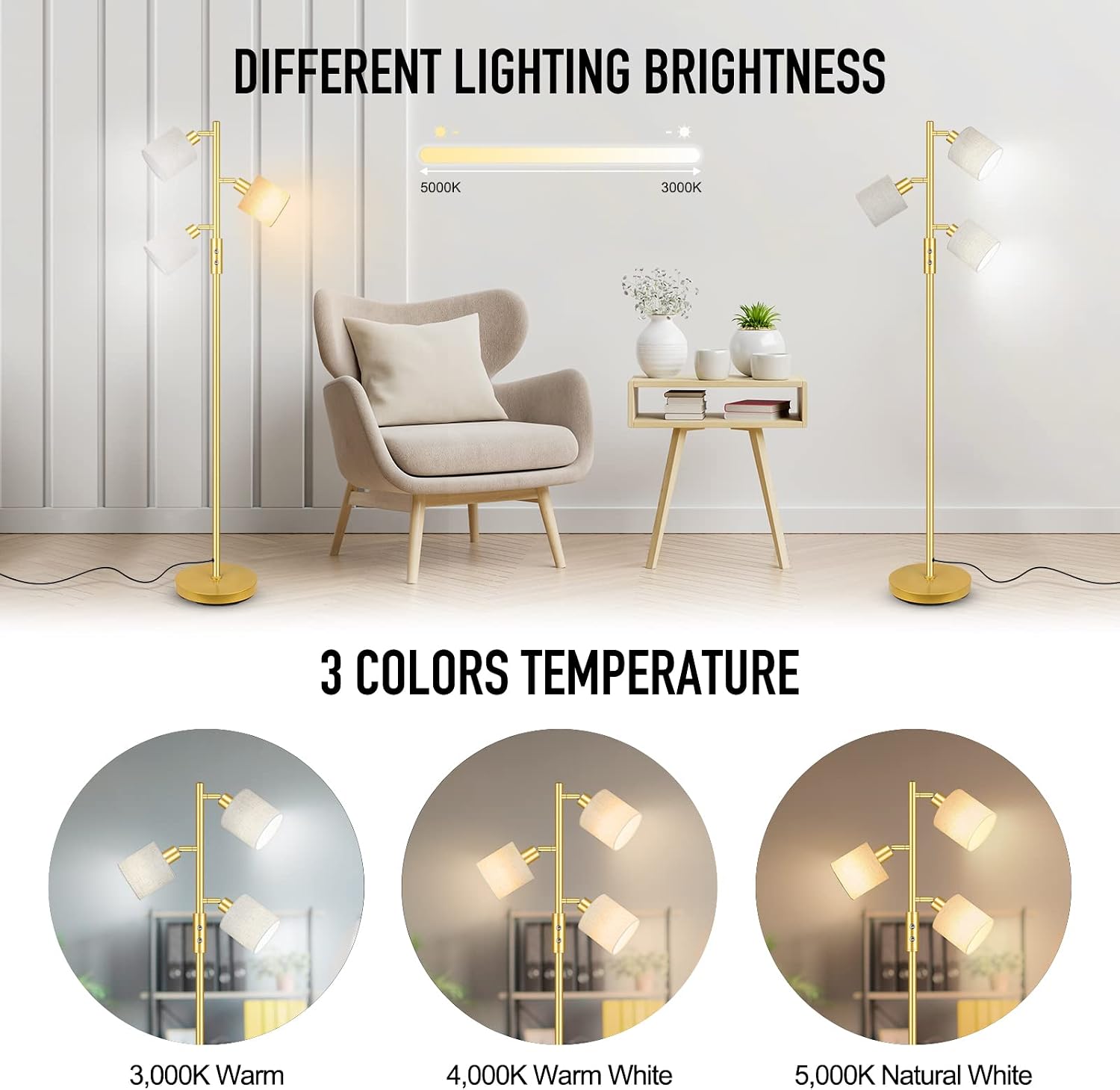 Gold Floor Lamps for Living Room, 3 Color Temperature, 3 Light Tree Standing Lamp, Minimalist Corner Floor Lamp with Lamp Shades Modern Pole Lamp for Bedroom Office Kids Room, Reading (5W LED Bulbs)