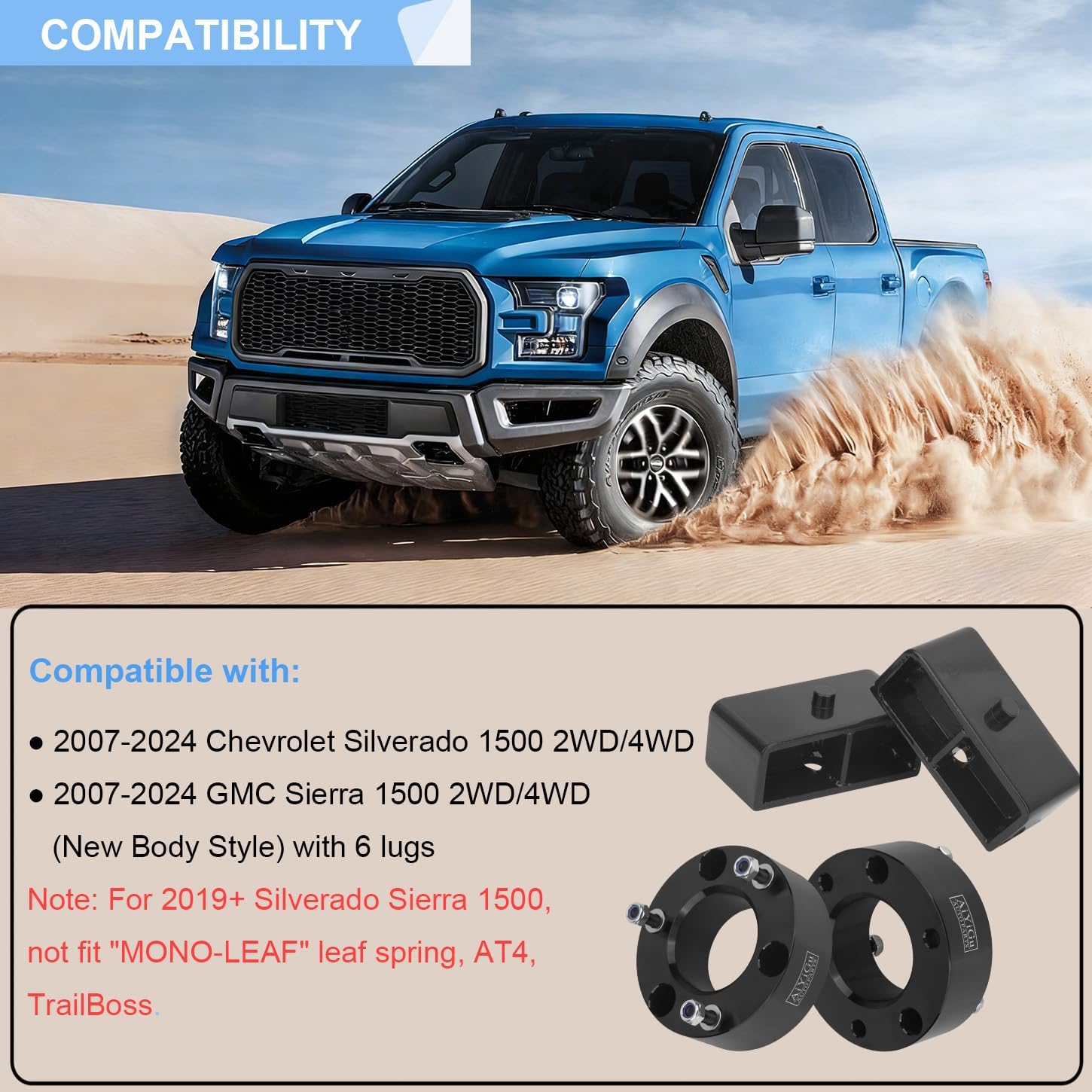 3" Front & 2" Rear Full Leveling Lift Kit Compatible with 2007-2024 Chevy Silverado 1500, GMC Sierra 1500 2WD 4WD, 3 Inches Front & 2 Inches Rear Strut Spacer Suspension Lift Kits Lift Blocks