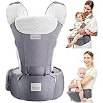 Bebamour Baby Carrier Newborn to Toddler-2 in 1 Hip Seat & Carrier Front and Back Carry with Head Hood & 3 Pieces Teething Pads& Waist Extenders & Storage Bag 0-36 Months (New Grey)