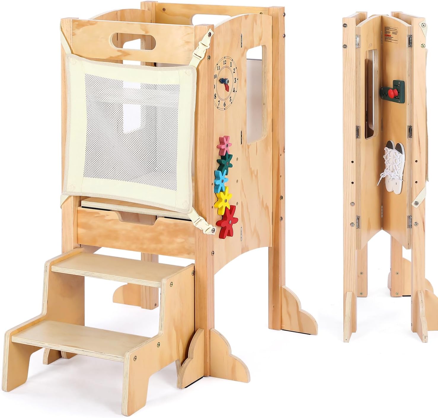 Toddler Tower, Flodable Toddler Step Stool, Stand & Sitting Kids Standing Tower, Adjustable Height Toddler Kitchen Stool with Blackboard & Montessori Toys