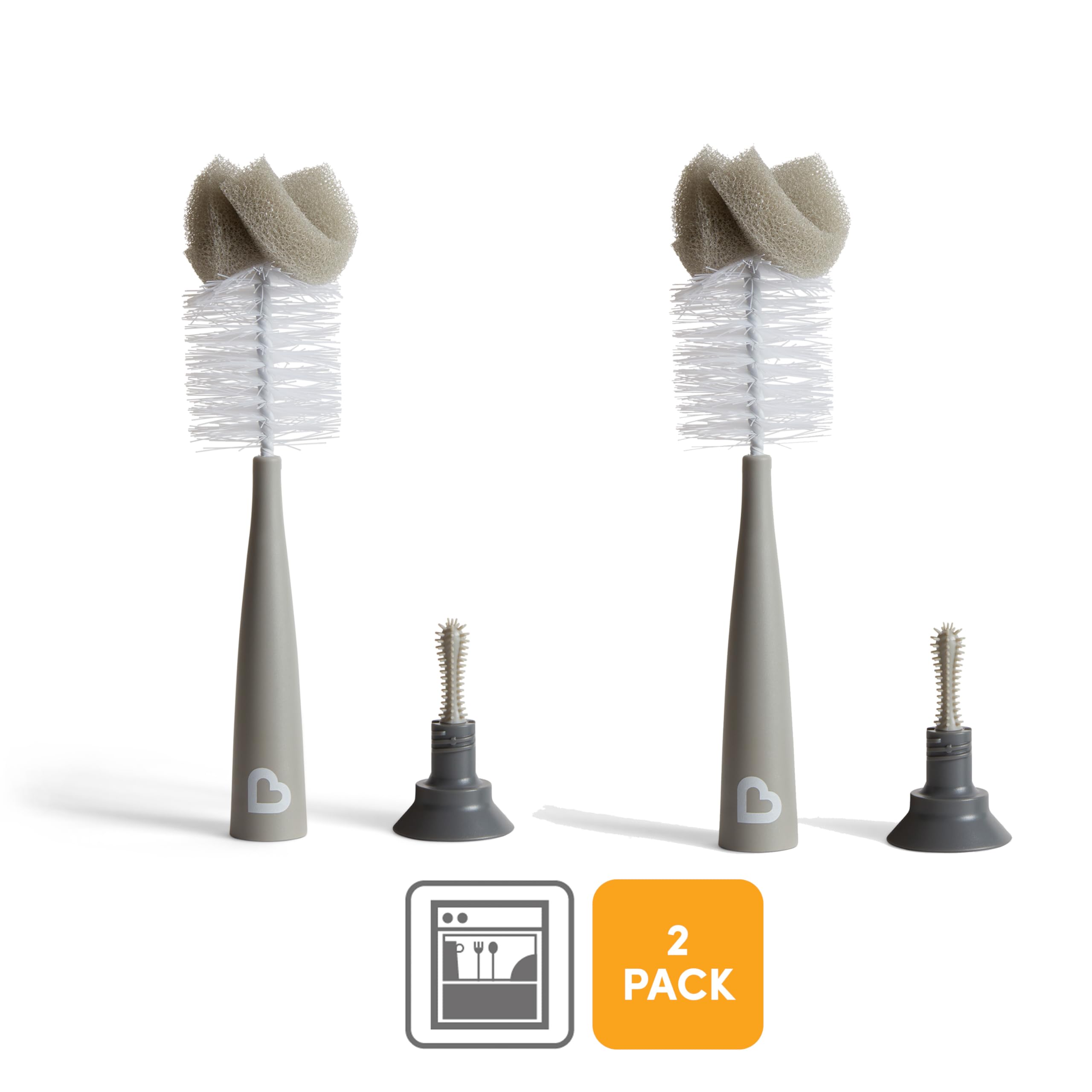 Munchkin Brosse à Biberon | Pour Nettoyer les Biberons & Bouteilles d'Eau avec Brosse à Tétine Intégrée | Autonome | Compatible Lave-vaisselle | Brosse Éponge | Lot de 2 | Gris