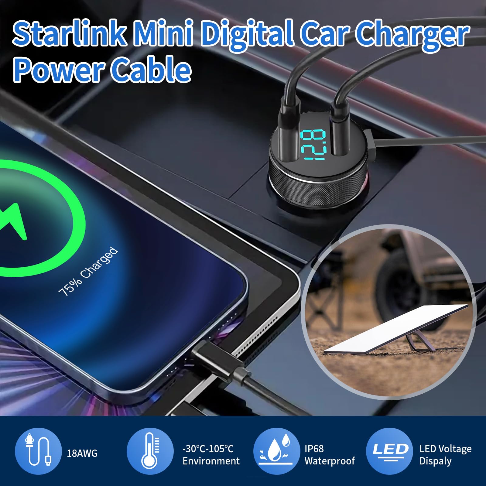 Starlink Mini DC Cable de alimentación para automóvil 3 m/10FT Pantalla digital DC Cable de alimentación impermeable para automóvil 18AWG Starlink Satellite DC Fuente de alimentación
