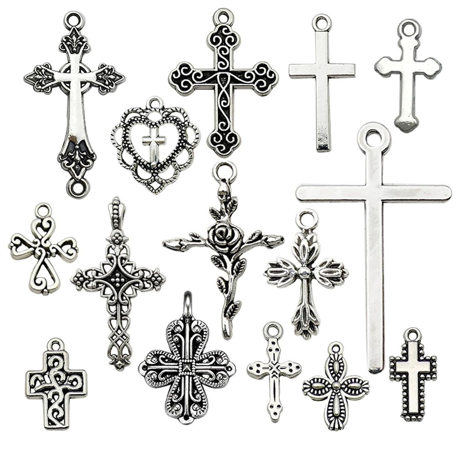 15 Pcs Cross Pendant, Silver Charms for Jewelry Making, DIY Craft, Fashion Accessories, Cross Charms, Suitable for Beads B...