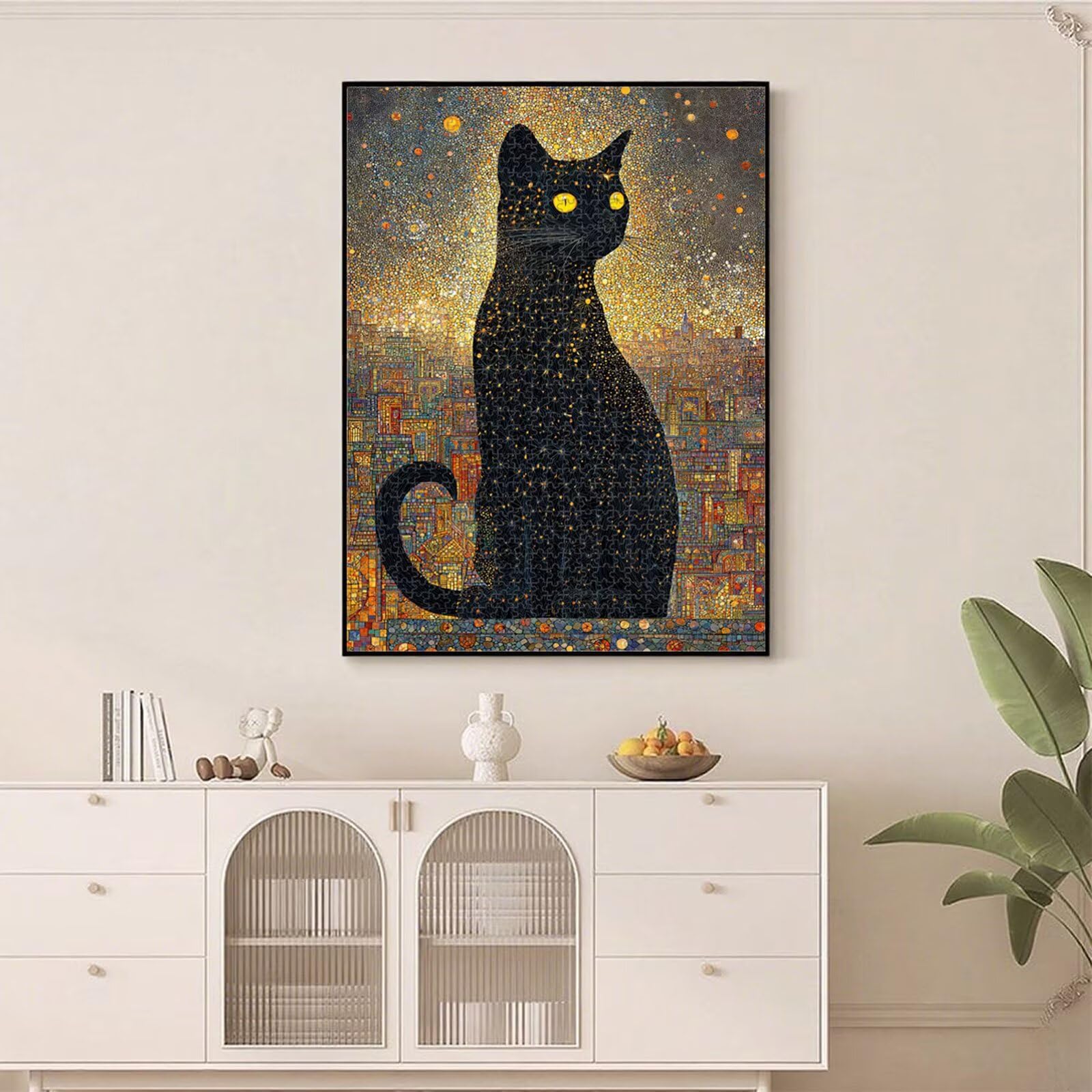 1000 elementów, puzzle dla dorosłych, kot i miasto, drewniane puzzle 1T#1300 | Drewniana konstrukcja, precyzyjne cięcie, jasne kolory, statyczne hobby, relaks, dekoracja domu, prezent, 50 x 75 cm
