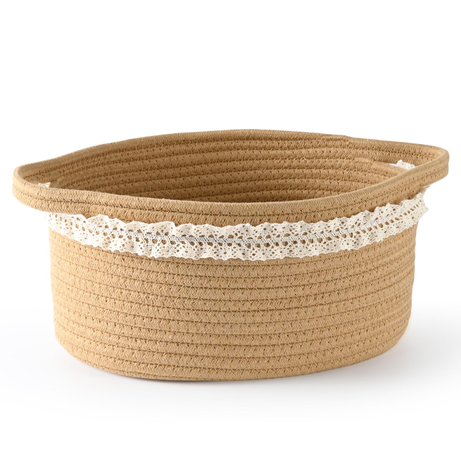Brown Woven Cotton Rope Storage Basket with Lace Trim, Collapsible Toy Organizer, 13" D x 8" W x 6" H, Decorative Basket for Nursery
