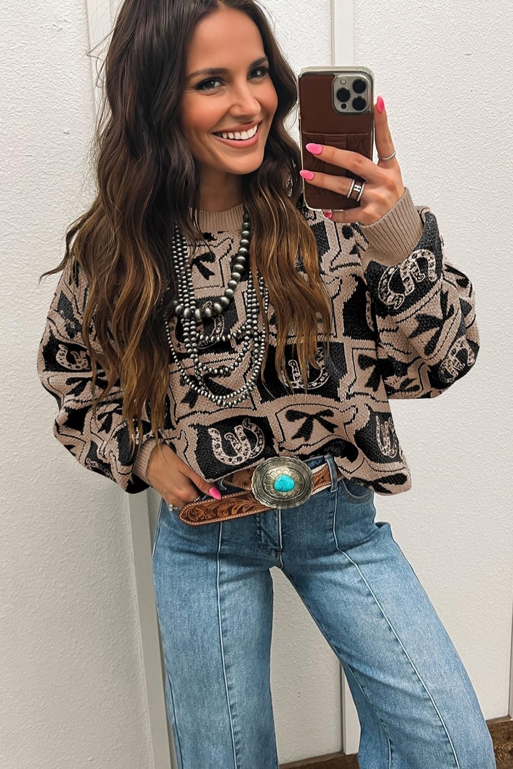 Womens Pullover Sweater Western Print Knit Tops Boho Drop Shoulder Brown Bows & Horseshoes - Image 2