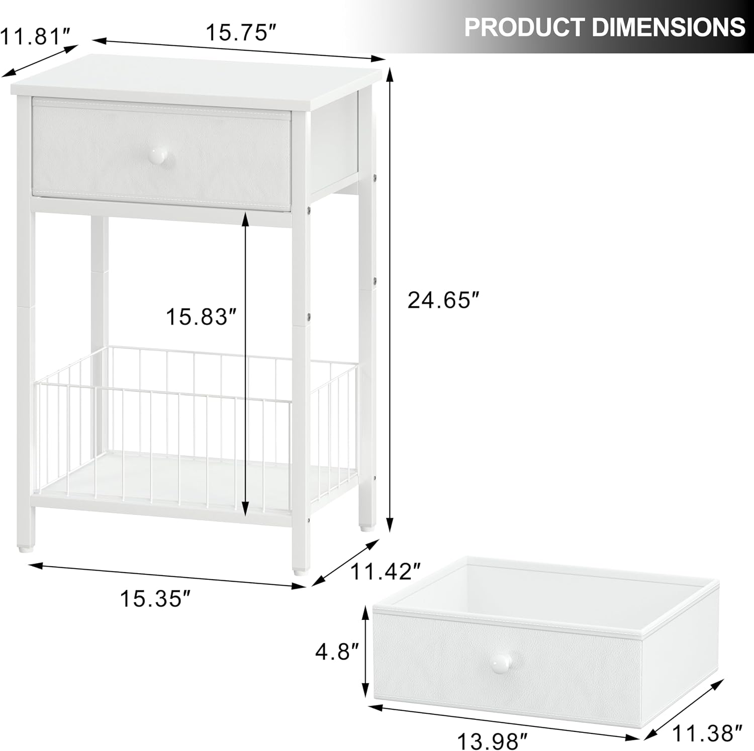 White Nightstands Set of 2 with PU Leather Front Drawer, 3-Tier End Table with Bottom Mesh Basket, Modern Bedside Tables for Bedroom