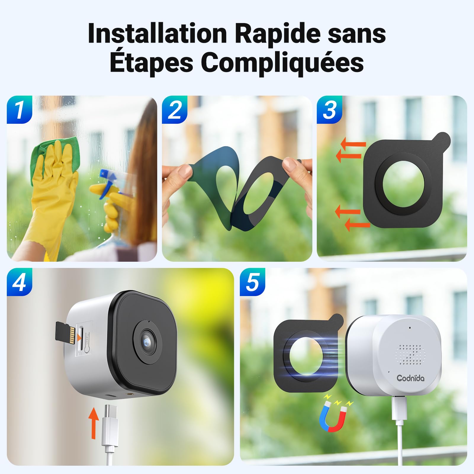 Caméra Magnétique pour Fenêtre 2K Sans Perçage, Surveillance Wi-Fi 2,4/5 GHz Intérieur, Vision Nocturne Couleur Starlight, Détection Personnes, Enregistrement 24/7