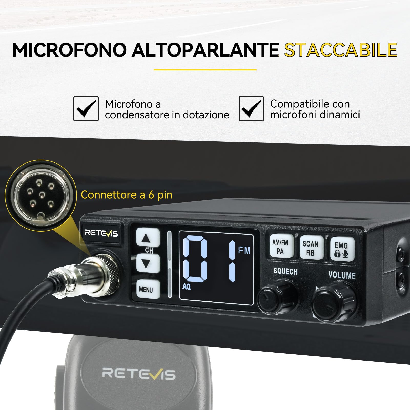 Retevis MB63 Radio CB Kit Completo con Antenna, Display LCD, AM/FM, ANL, Funzione PA, VOX, SQ/ASQ, EMG CH9/19, CB Radio Mobile per Auto (1 Pz, Nero)