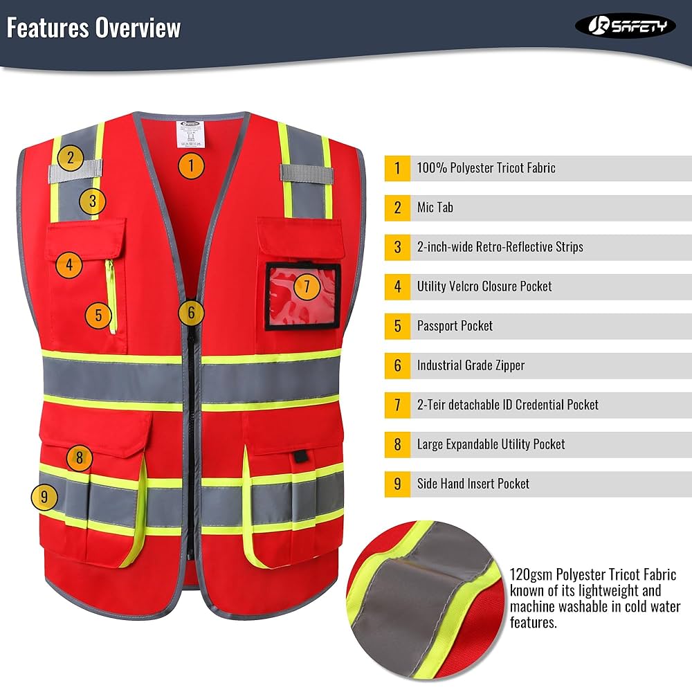 JKSafety 7 Pockets High Visibility Red Safety Vest for Men