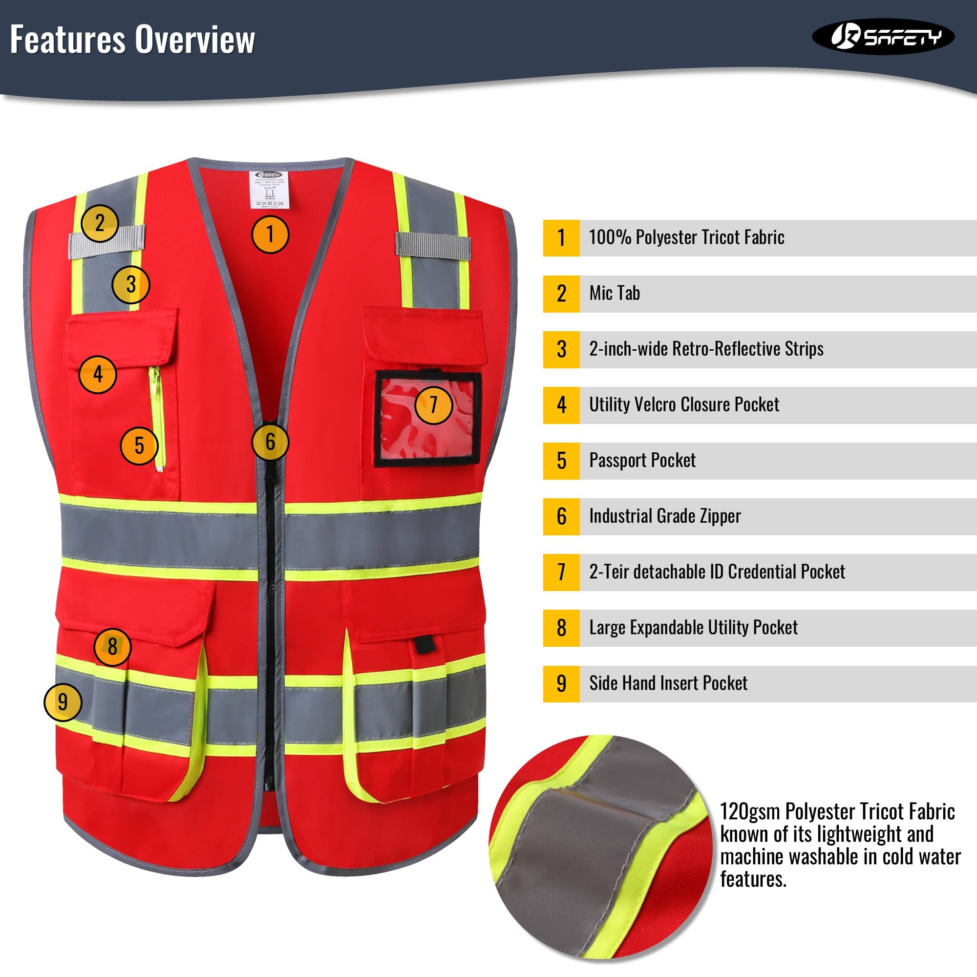 JKSafety 7 Pockets High Visibility Red Safety Vest for Men