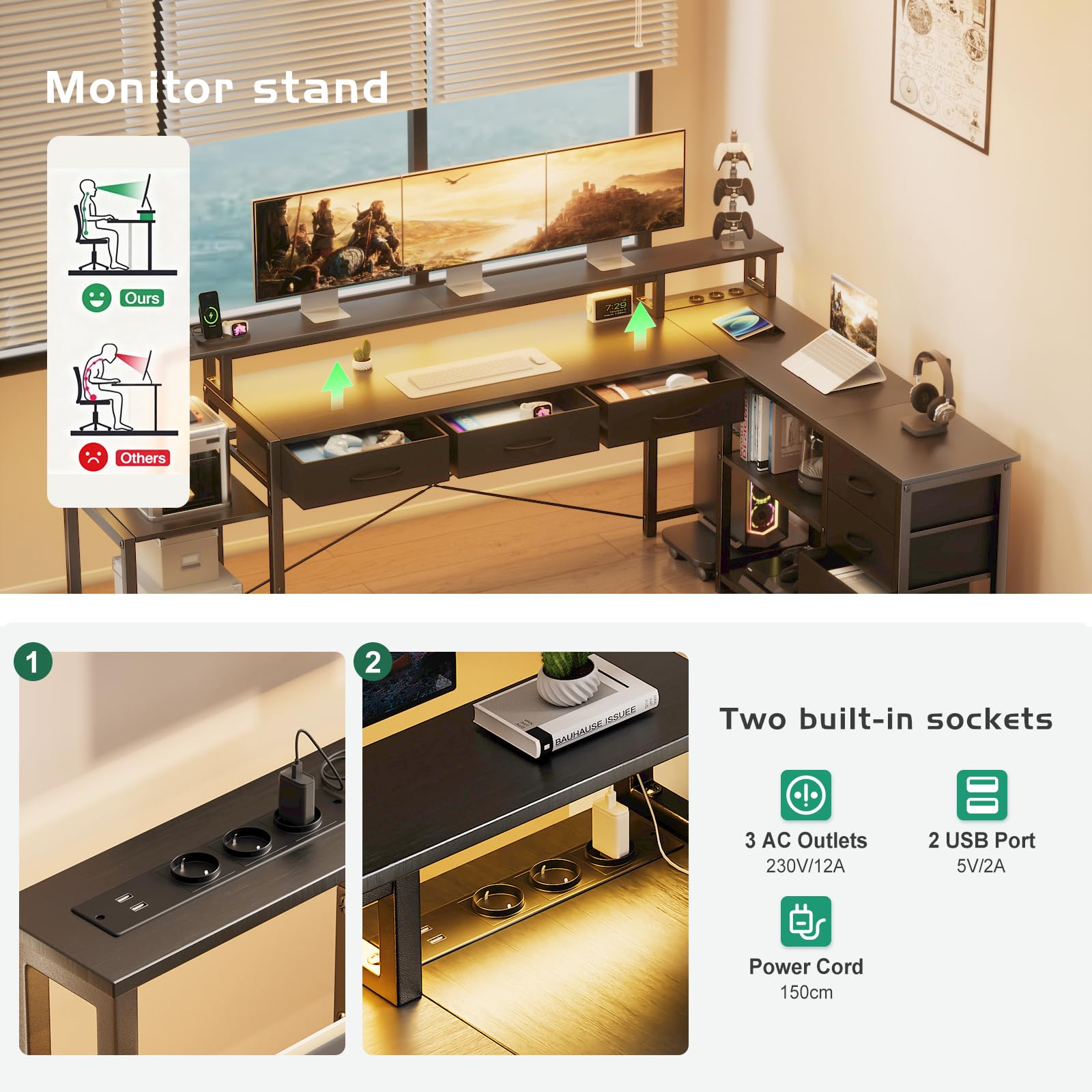 Schreibtisch L Form mit Schubladen, Gaming Tisch mit Steckdose, LED & Monitorständer, 200 x 146cm, 7 Stoffschubladen, Computertisch für Büro Arbeitszimmer Schlafzimmer (Schwarz)