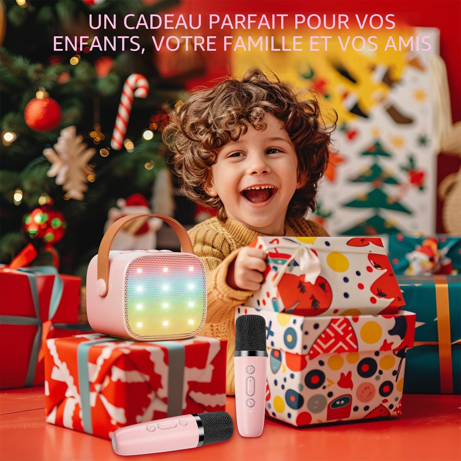 Ankuka Karaoke Enfants avec 2 Micro sans Fil Portable, avec Magique Voix Change et LED Lumière Qualité Sonore HiFi Mini Microphone pour Enfant Adulte Fille Rose