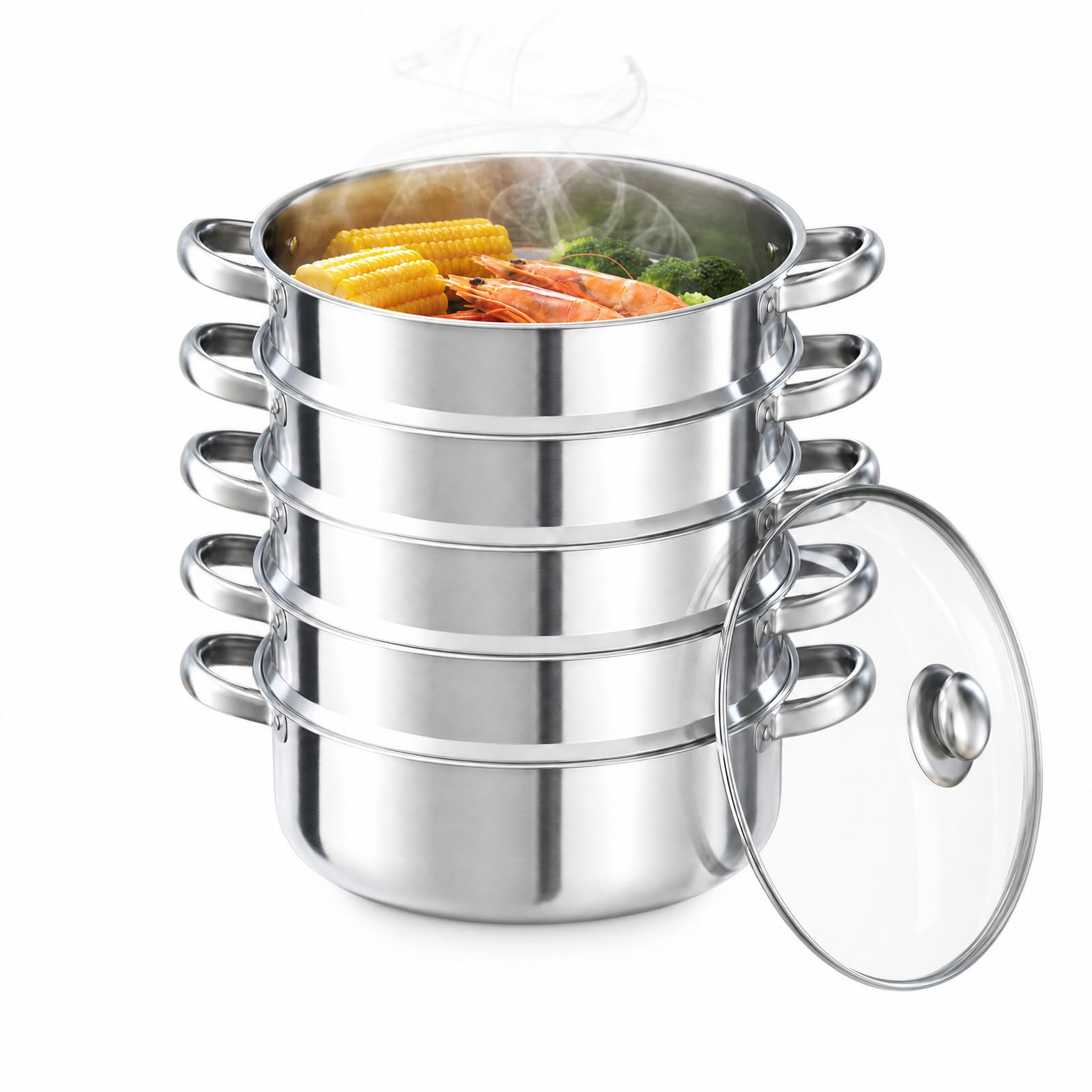Olla para cocinar al vapor, olla a presión de 5 capas, de acero inoxidable, 30 cm, con cubierta de cristal para cocinar a vapor, calienta los alimentos de manera uniforme y ahorra tiempo, color